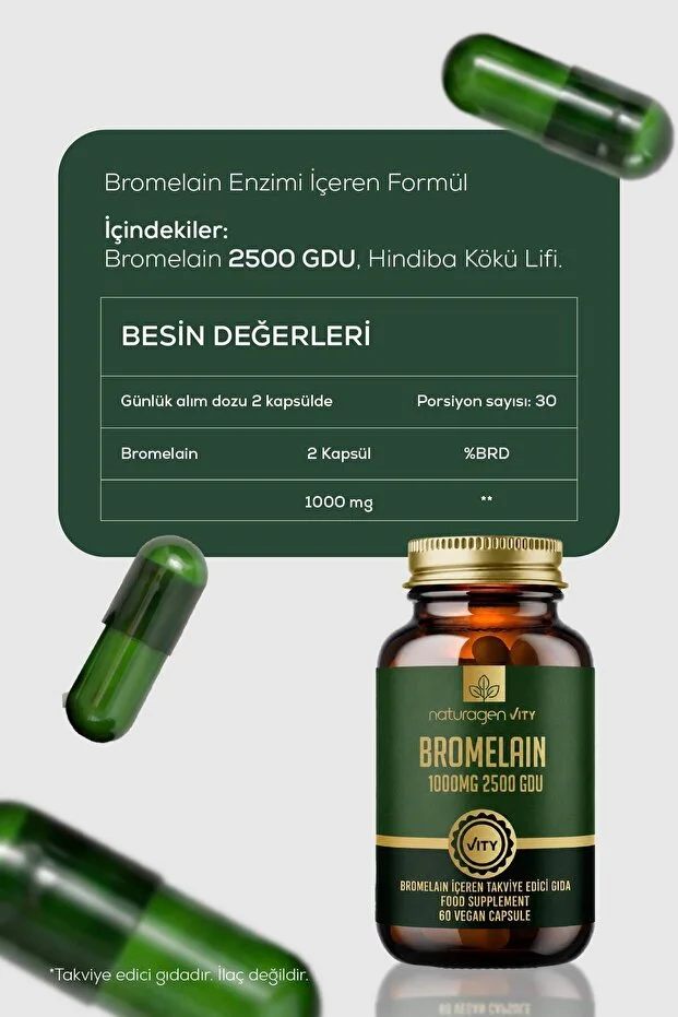 Bromelain 2500 GDU 1000 mg 60 Kapsül | Ananas Kaynaklı Enzim | Yüksek Enzim Aktivitesi